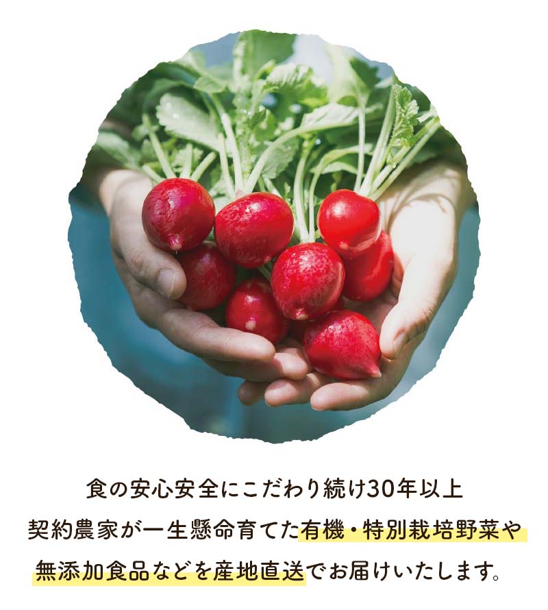 食の安心安全にこだわり続け30年以上契約農家が一生懸命育てた、有機低農薬野菜や無添加食品などをお届けいたします。