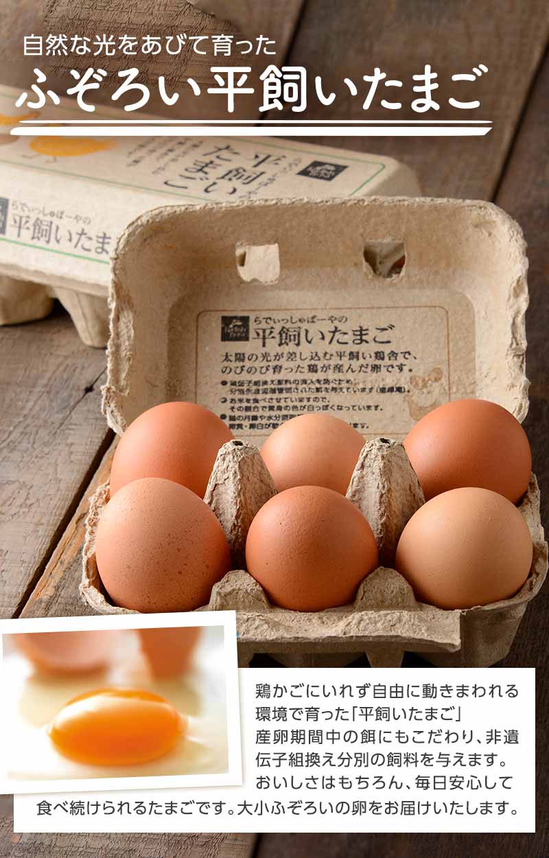 自然な光をあびて育った ふぞろい平飼いたまご