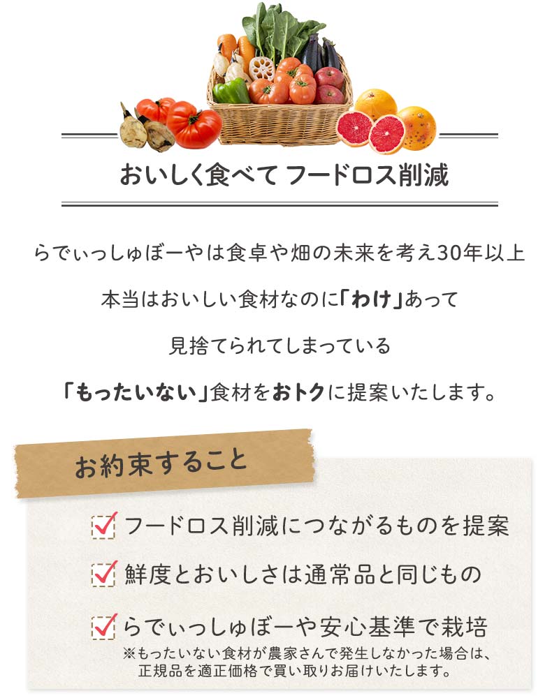 らでぃっしゅぼーやは食卓や畑のことを考え30年以上本当はおいしい食材のに「わけ」あって捨てられてしまっている「もったいない」食材をおトクに提案いたします。
