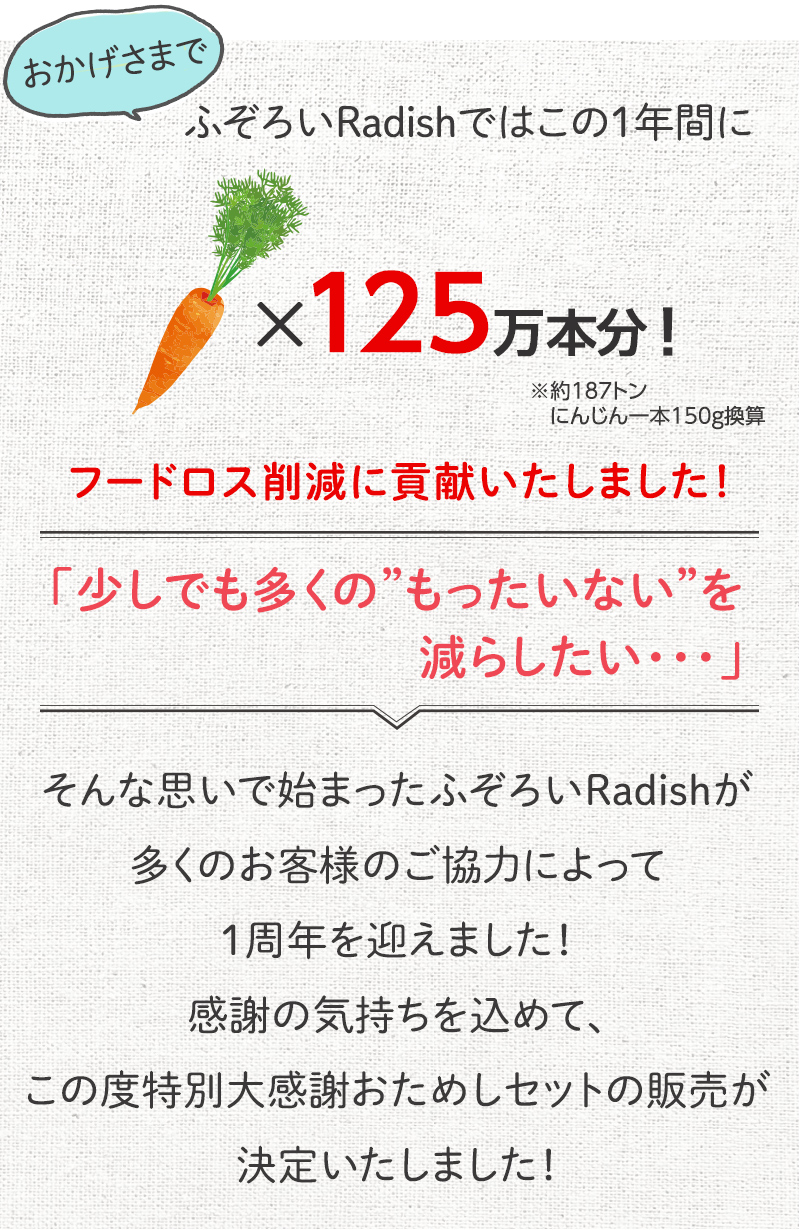 「少しでも多くの”もったいない”を減らしたい・・・」この度特別大感謝おためしセットの販売が決定いたしました!