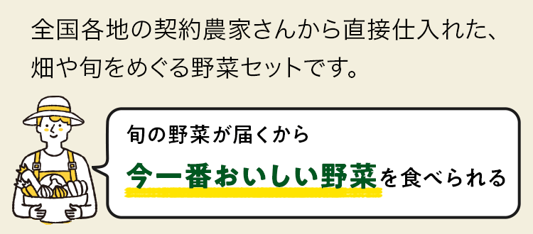 全国各地の契約農家さんから直接仕入れた、畑や旬をめぐる野菜セットです。
