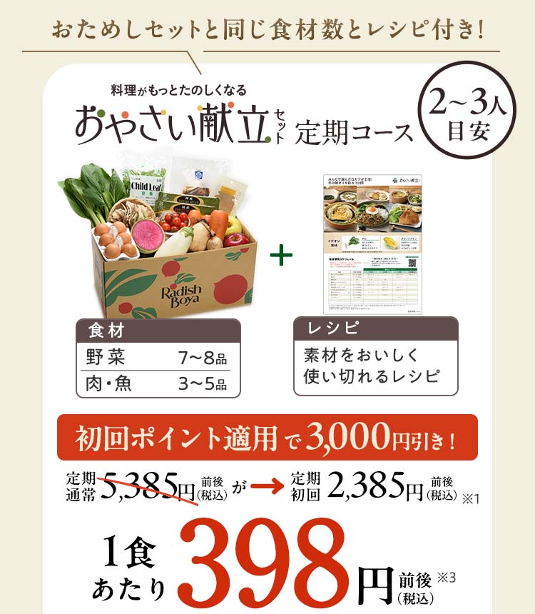 旬をめぐる献立セット 2～3人前 3日分 先着100名 通常価格5,385円前後	初回特典適用価格 2,385円