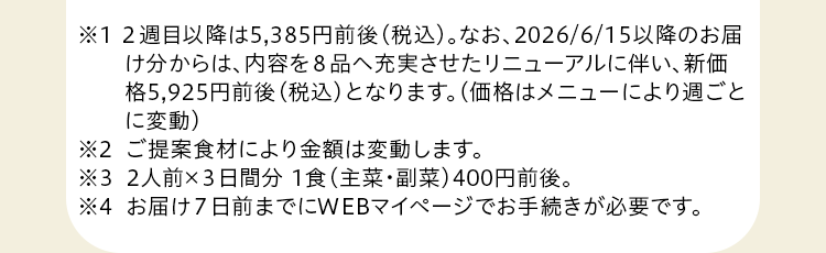 ※1 2週目以降は5,385円前後（税込）。なお、2026/6/15以降のお届け分からは、内容を8品へ充実させたリニューアルに伴い、新価格5,925円前後（税込）となります。（価格はメニューにより週ごとに変動）※2 ご提案食材により金額は変動します。※3 2人前×3日間分 1食400円前後。※4  旬の果物は定期ご入会後2週目にお届けさせていただきます。２週目のお届けがお休みの方は対象外となります。※5  お届け7日前までにWEBマイページでお手続きが必要です。