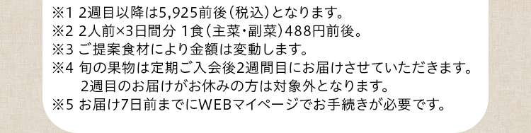 ※1 2週目以降は5,385円前後（税込）。なお、2026/6/15以降のお届け分からは、内容を8品へ充実させたリニューアルに伴い、新価格5,925円前後（税込）となります。（価格はメニューにより週ごとに変動）※2 ご提案食材により金額は変動します。※3 2人前×3日間分 1食398円前後。※4 旬の果物は定期ご入会後2週目にお届けさせていただきます。２週目のお届けがお休みの方は対象外となります。※5 お届け7日前までにWEBマイページでお手続きが必要です。