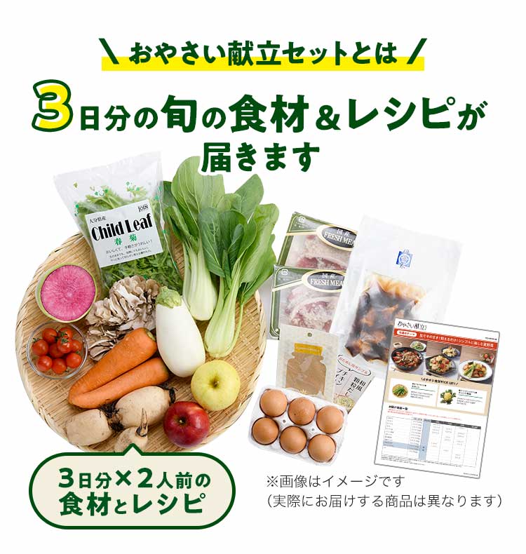 おやさい献立セットとは3日分の食材とレシピが届きます