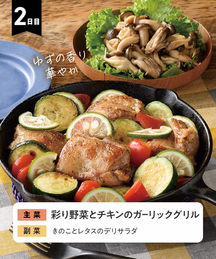 2日目 1彩り野菜とチキンのガーリックグリル　きのことレタスのデリサラダ