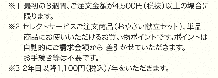 ※１ 最初の８週間、ご注文金額が4,500円（税抜）以上の場合に限ります。※2 セレクトサービスご注文商品（おやさい献立セット）、単品商品にお使いいただけるお買い物ポイントです。ポイントは自動的にご請求金額から 差引かせていただきます。お手続き等は不要です。※3 2年目以降1,100円（税込）/年をいただきます。