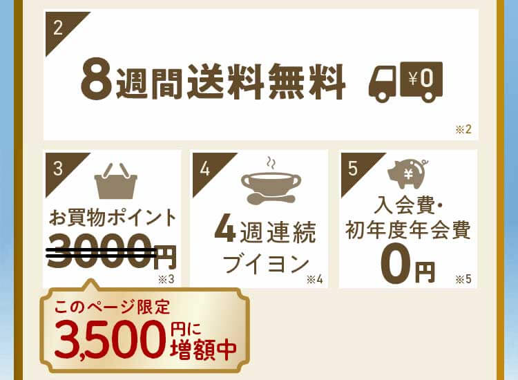 特典2:8週間送料無料 特典3:お買い物ポイント3500円 特典3:ブイヨン 特典4:初年度年会費0円