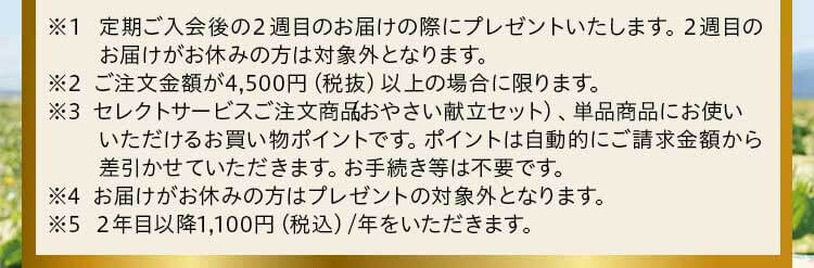 ※１定期ご入会後の２週目のお届けの際にプレゼントいたします。２週目のお届けがお休みの方は対象外となります。※2セレクトサービスご注文商品 （おやさい献立セット） 、単品商品にお使いいただけるお買い物ポイントです。ポイントは自動的にご請求金額から差引かせていただきます。お手続き等は不要です。※3ご注文金額が4,500円（税抜）以上の場合に限ります。※4お届けがお休みの方はプレゼントの対象外となります。
※5２年目以降1,100円（税込）/年をいただきます。