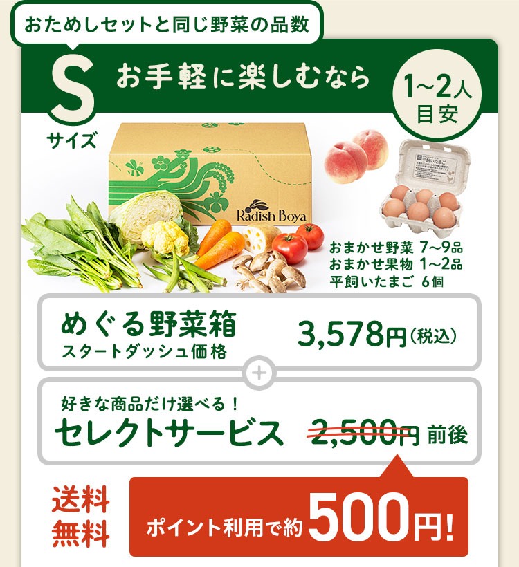＜1〜2人分＞まずはお手軽に旬の野菜を楽しむなら♪おためしセットと同じ野菜の品数　コース内容：［野菜BOX］旬の野菜7〜9品、旬の果物1~2品、平飼いたまご6個(通常規格〜ふぞろい含む)