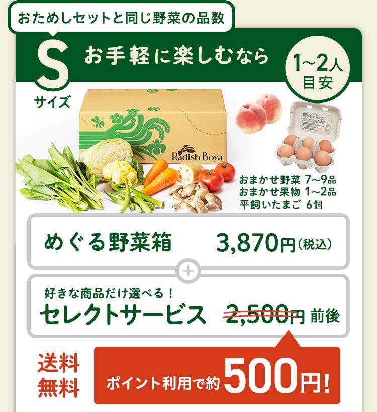 ＜1〜2人分＞まずはお手軽に旬の野菜を楽しむなら♪おためしセットと同じ野菜の品数　コース内容：［野菜BOX］旬の野菜7〜9品、旬の果物1~2品、平飼いたまご6個(通常規格〜ふぞろい含む)