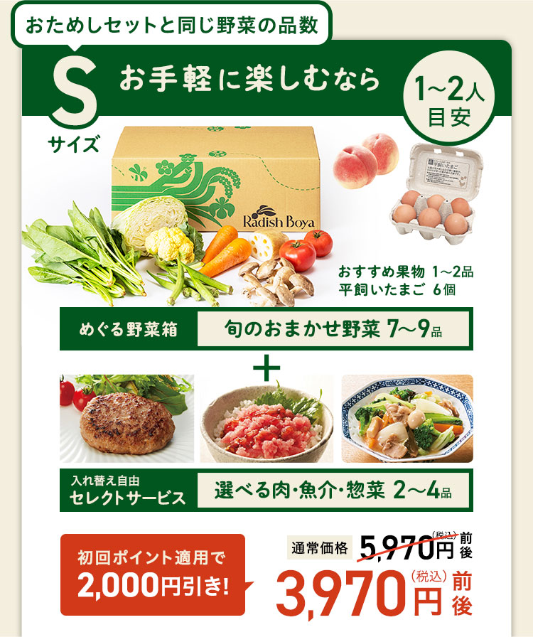 ＜1〜2人分＞まずはお手軽に旬の野菜を楽しむなら♪おためしセットと同じ野菜の品数　コース内容：［野菜BOX］旬の野菜7〜9品、旬の果物1~2品、平飼いたまご6個(通常規格〜ふぞろい含む)［厳選食材］旬魚・肉・惣菜2〜4品 3,800円(税込)前後