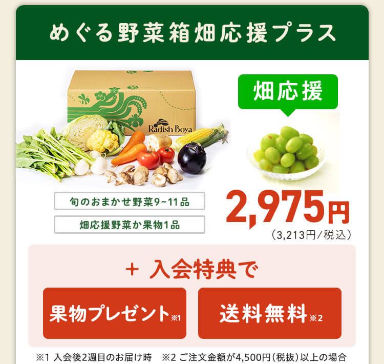 ＜1〜2人分＞まずはお手軽に旬の野菜を楽しむなら♪おためしセットと同じ野菜の品数　コース内容：［野菜BOX］旬の野菜7〜9品、旬の果物1~2品、平飼いたまご6個(通常規格〜ふぞろい含む)［厳選食材］旬魚・肉・惣菜2〜4品 3,350円(税込)前後