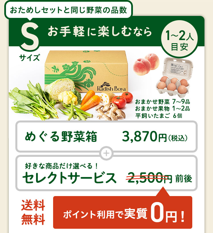 ＜1〜2人分＞まずはお手軽に旬の野菜を楽しむなら♪おためしセットと同じ野菜の品数　コース内容：［野菜BOX］旬の野菜7〜9品、旬の果物1~2品、平飼いたまご6個(通常規格〜ふぞろい含む)