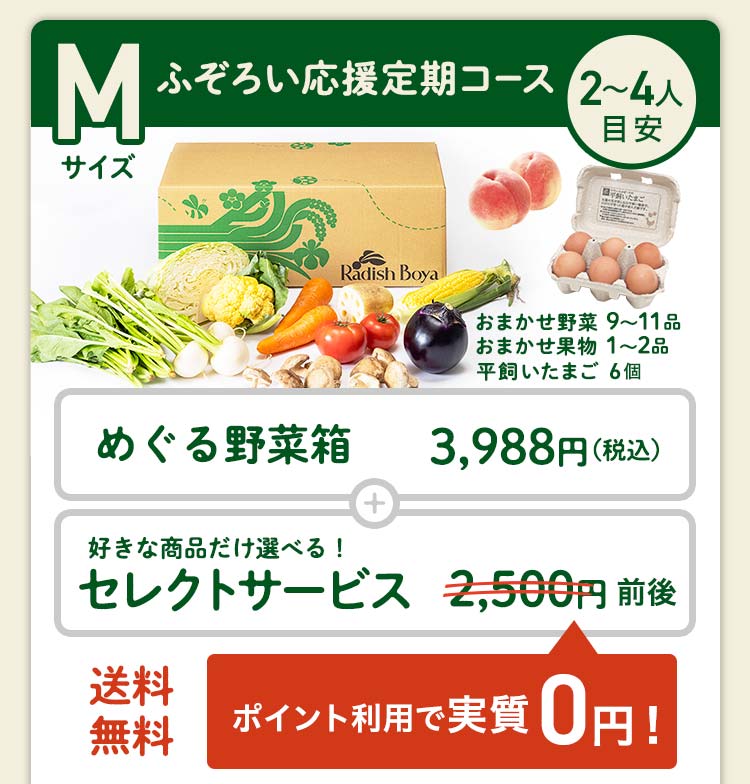 ＜1〜2人分＞まずはお手軽に旬の野菜を楽しむなら♪おためしセットと同じ野菜の品数　コース内容：［野菜BOX］旬の野菜7〜9品、旬の果物1~2品、平飼いたまご6個(通常規格〜ふぞろい含む)