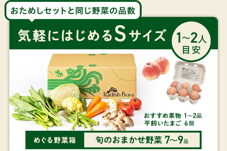 ＜1〜2人分＞まずはお手軽に旬の野菜を楽しむなら♪おためしセットと同じ野菜の品数　コース内容：［野菜BOX］旬の野菜7〜9品、旬の果物1~2品、平飼いたまご6個(通常規格〜ふぞろい含む)