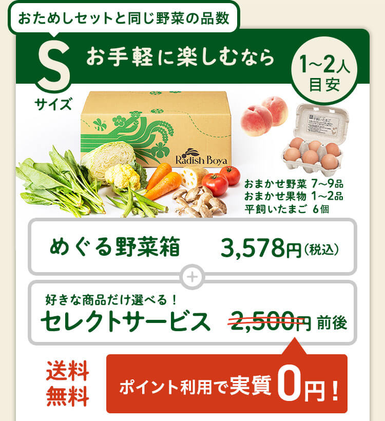 ＜1〜2人分＞まずはお手軽に旬の野菜を楽しむなら♪おためしセットと同じ野菜の品数　コース内容：［野菜BOX］旬の野菜7〜9品、旬の果物1~2品、平飼いたまご6個(通常規格〜ふぞろい含む)