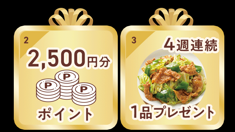 特典2:ポイント2500円分　特典3:4週間1品無料