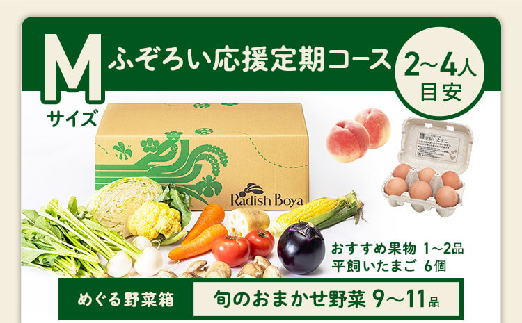 ＜1〜2人分＞まずはお手軽に旬の野菜を楽しむなら♪おためしセットと同じ野菜の品数　コース内容：［野菜BOX］旬の野菜7〜9品、旬の果物1~2品、平飼いたまご6個(通常規格〜ふぞろい含む)
