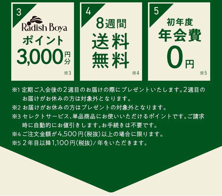 特典3:ポイント3,000円分 特典4:8週間送料無料 特典5:初年度年会費0円