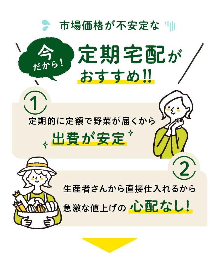 市場価格が不安定な今だから定期宅配をおすすめします！！ 1,定期的に定額で野菜が届くから出費安定 2,生産者さんから直接仕入れるから急激な値上げの心配なし！