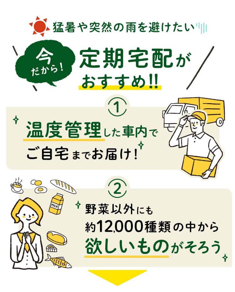 猛暑や突然の雨を避けたい今だから定期宅配をおすすめします！！ 1,定期的に定額で野菜が届くから出費安定 2,生産者さんから直接仕入れるから急激な値上げの心配なし！