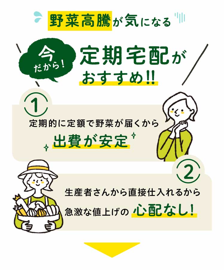 野菜高騰が気になる今だから定期宅配をおすすめします！！ 1,定期的に定額で野菜が届くから出費安定 2,生産者さんから直接仕入れるから急激な値上げの心配なし！