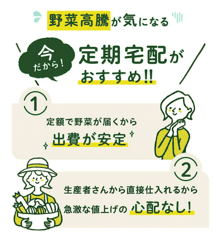 野菜高騰が気になる今だから定期宅配をおすすめします！！ 1,定額で野菜が届くから出費安定 2,生産者さんから直接仕入れるから急激な値上げの心配なし！