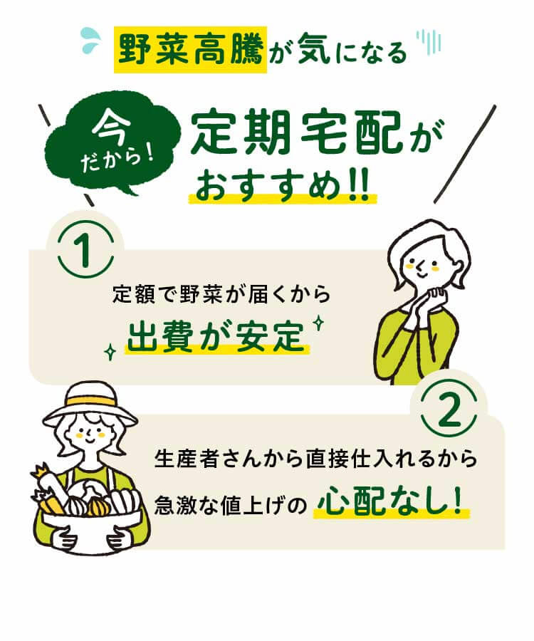 野菜高騰が気になる今だから定期宅配をおすすめします！！ 1,定額で野菜が届くから出費安定 2,生産者さんから直接仕入れるから急激な値上げの心配なし！