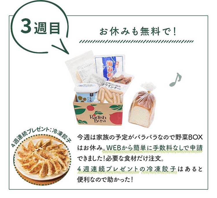 ３週目：お休みも無料で！今週は家族の予定がバラバラなので野菜BOXはお休み。WEBから簡単に手数料なしで申請 できました！必要な食材だけ注文。4週連続プレゼントの冷凍餃子はあると便利なので助かった！