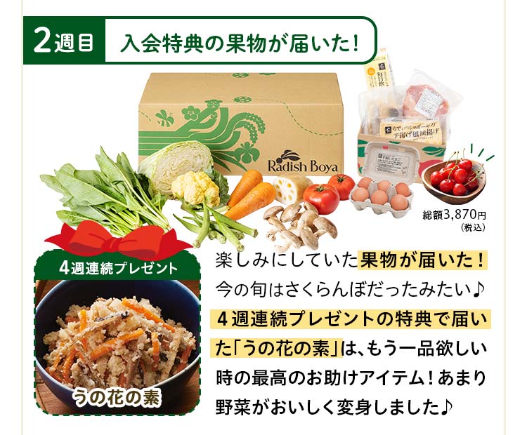 ２週目：楽しみにしていた果物が届いた!今の旬はさくらんぼだったみたい♪4週連続プレゼントの特典で届いた「バジル香る海鮮炒め」は、野菜もしっかり使えて家族にも大好評!気に入ったので次からカートに追加。