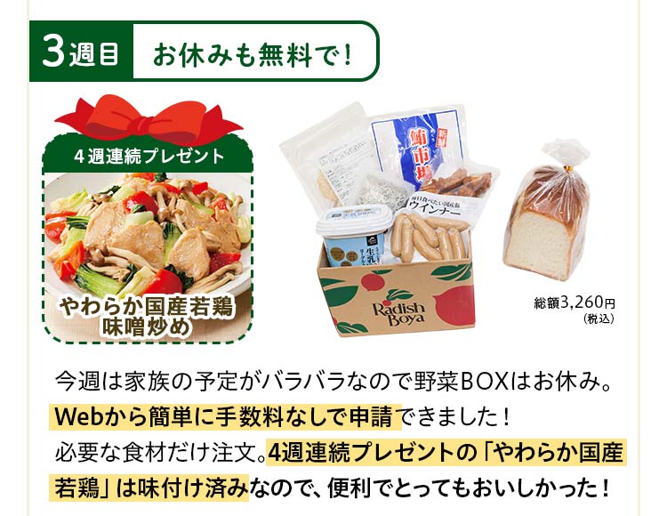 ３週目：今週は家族の予定がバラバラなので野菜BOXはお休み。WEBから簡単に手数料なしで申請できました！必要な食材だけ注文。4週連続プレゼントの「ふんわり肉詰めいなり煮」は具だくさんでおいしかった!
