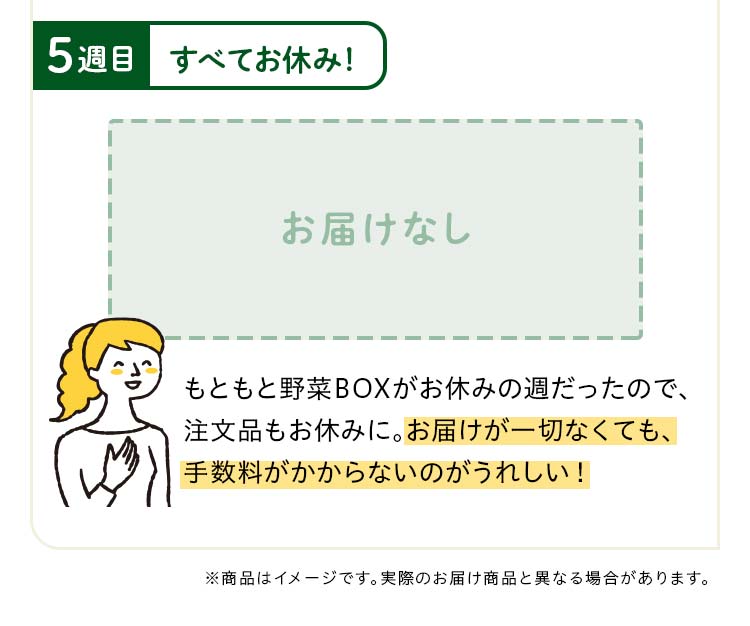 5週目：もともと野菜BOXがお休みの週だったので、 注文品もお休みに。お届けが一切なくても、 手数料がかからないのがうれしい！