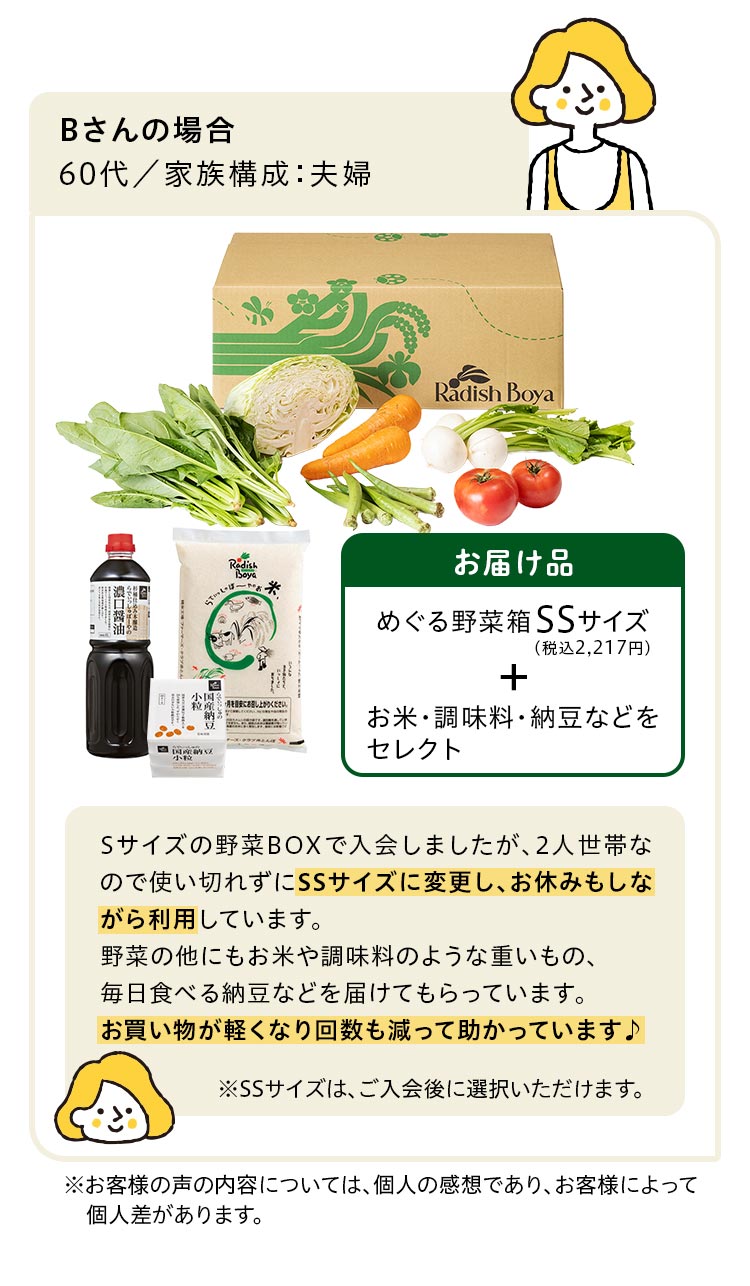 Bさんの場合60代家族構成：夫婦 野菜の他にもお米や調味料のような重いもの、毎日食べる納豆などを届けてもらっています。お肉は近所のスーパーで。お買い物が軽くなり回数も減って助かっています♪