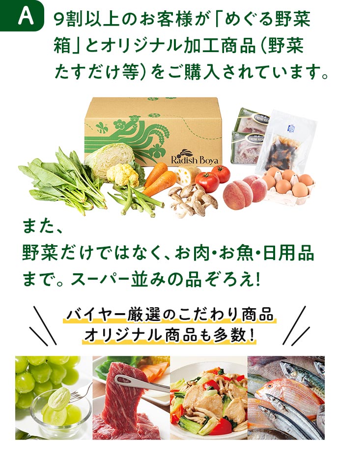 野菜だけでなくお肉お魚日用品まで。スーパー並みの品揃え