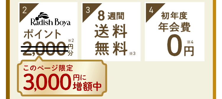 特典4:お買い物ポイント2000円 特典5:8週間送料無料 特典3:初年度年会費0円 