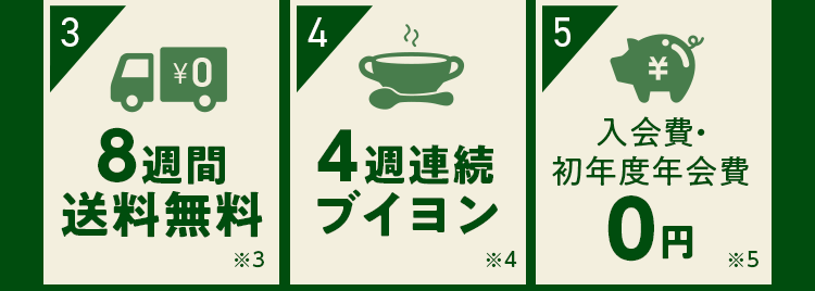 特典3 お買い物ポイント3000円 特典4 ブイヨンプレゼント 特典4 入会費・初年度年会費無料
