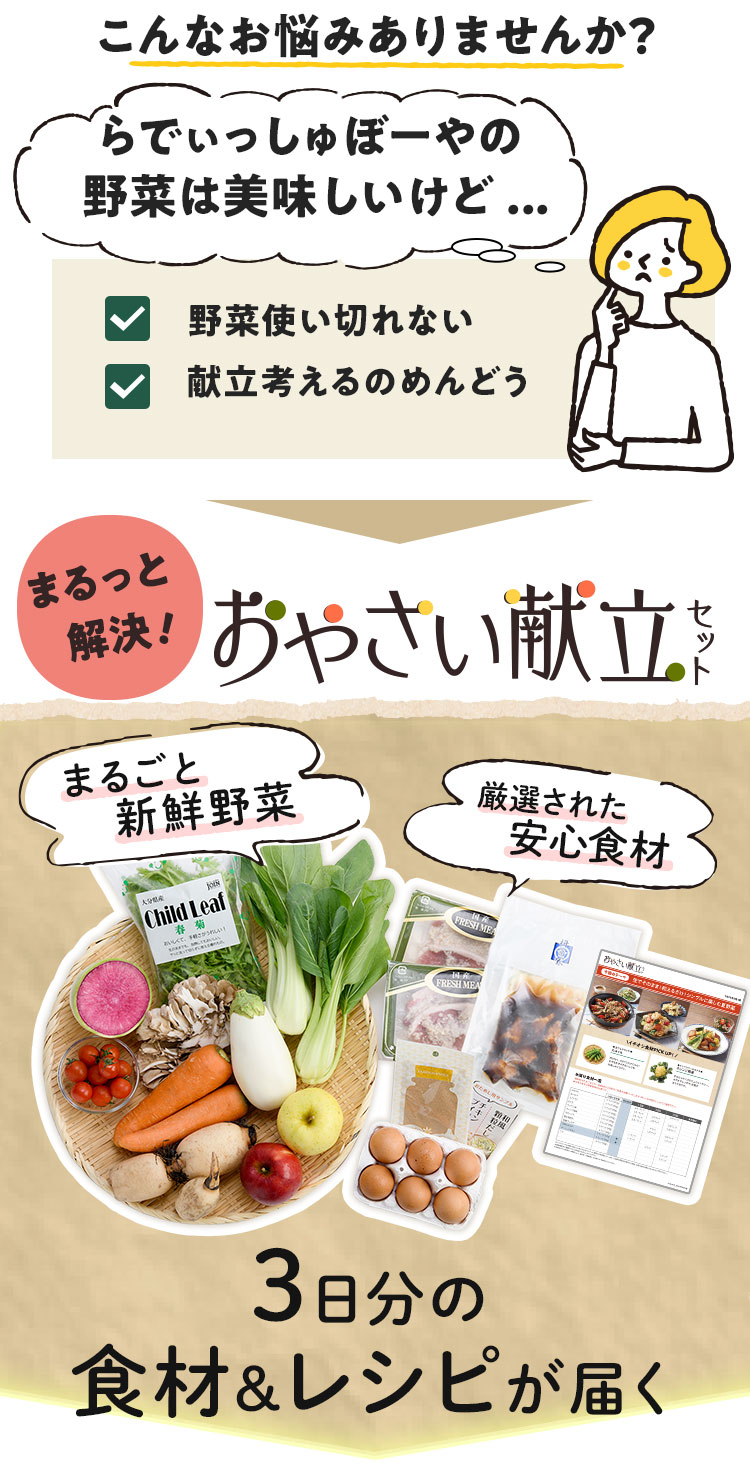 おやさい献立セットとは 3日分の旬の食材&レシピが届きます