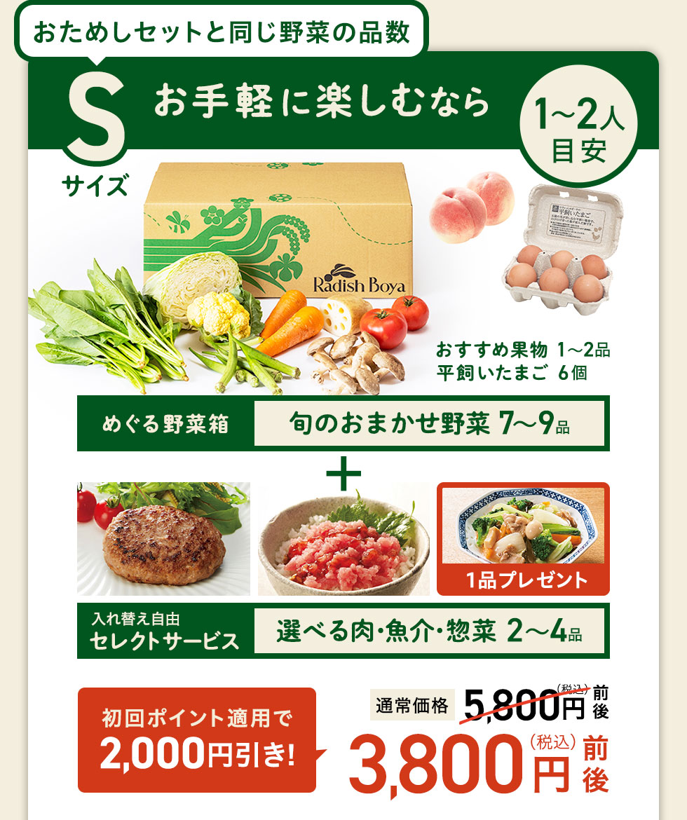 ＜1〜2人分＞まずはお手軽に旬の野菜を楽しむなら♪おためしセットと同じ野菜の品数　コース内容：［野菜BOX］旬の野菜7〜9品、旬の果物1~2品、平飼いたまご6個(通常規格〜ふぞろい含む)［厳選食材］旬魚・肉・惣菜2〜4品 3800円(税込)前後