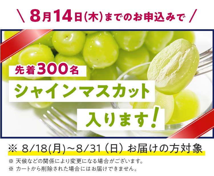 8月10日までのお申し込みで先着300名様シャインマスカット必ず入ります