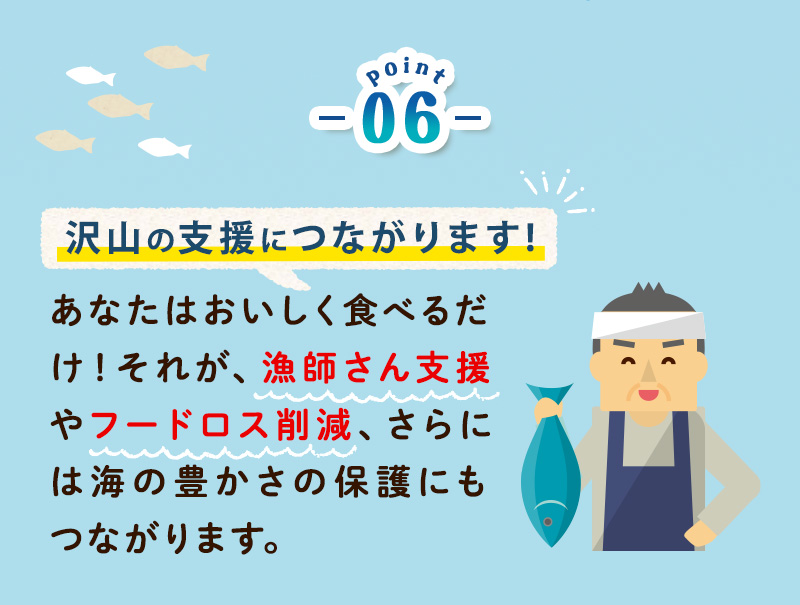 Point.6 沢山の支援につながります！あなたはおいしく食べるだけ！それが、漁師さん支援やフードロス削減、さらには海の豊かさの保護にもつながります。