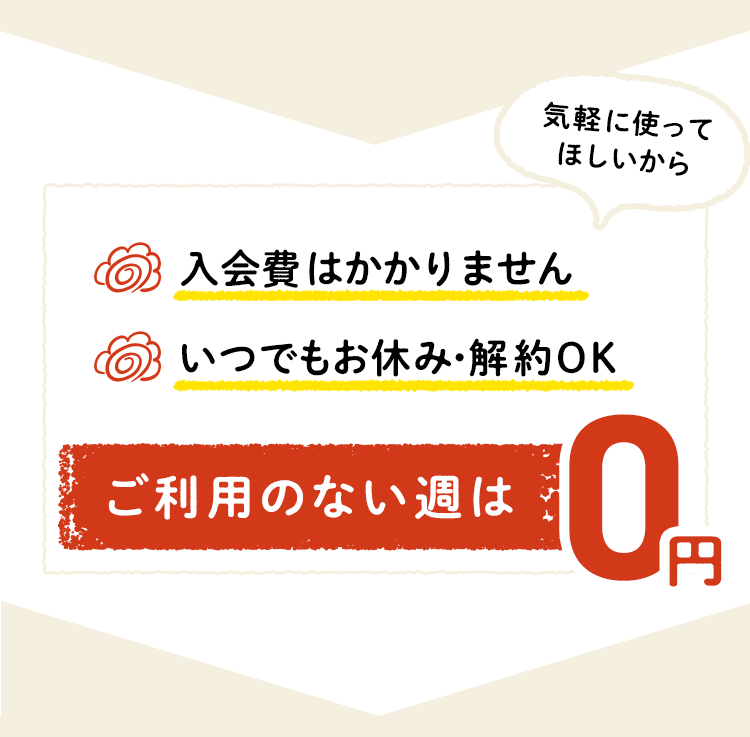 入会費はかかりません　いつでもお休み・解約OK　ご利用のない週は0円