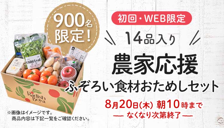 送料無料 金額返金保証　「ふぞろいだけど　ごちそう」まるごと味わうふぞろい食材　おためしセット 1,980円（税込）　期間限定8/20(木)10:00まで
