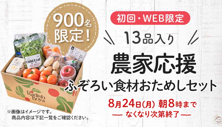 送料無料 金額返金保証　「ふぞろいだけど　ごちそう」まるごと味わうふぞろい食材　おためしセット 1,980円（税込）　期間限定8/24(月)8:00まで
