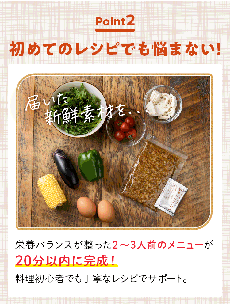 初めてのレシピでも迷わない！栄養バランスが整ったメニューが20分以内に完成！料理初心者でも丁寧なレシピでサポート。