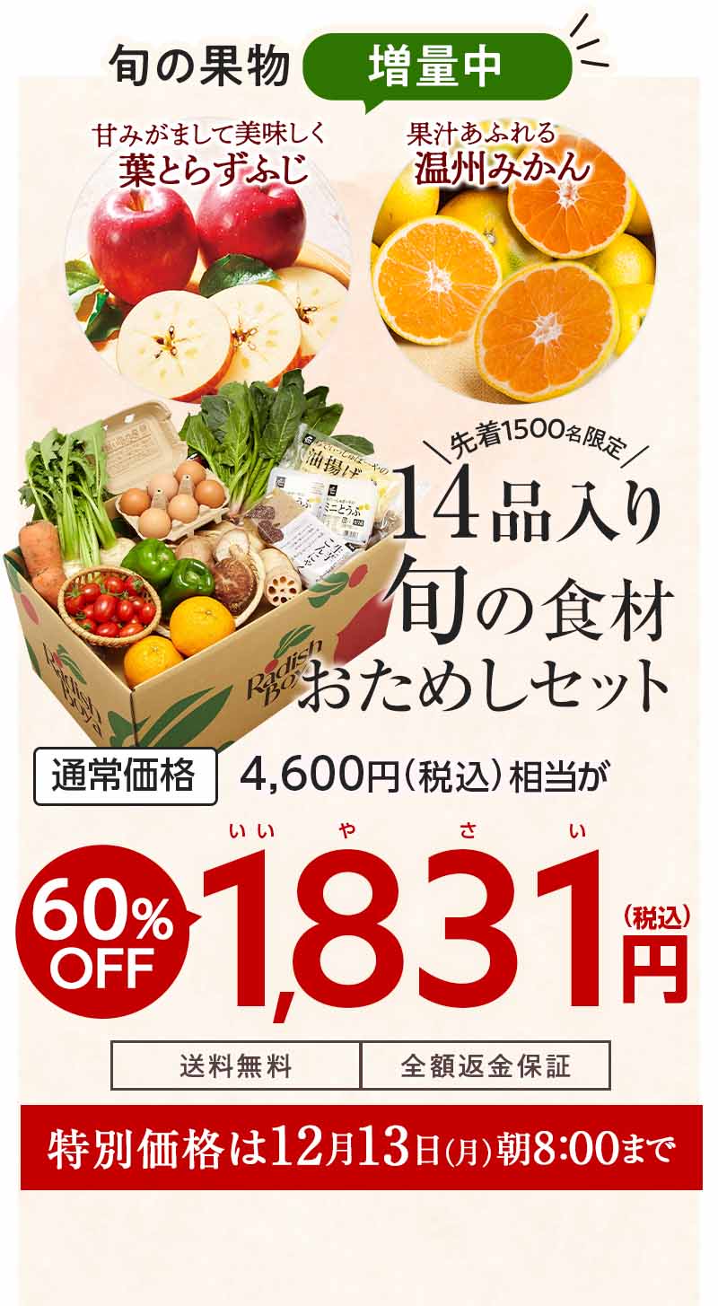 送料無料 金額返金保証　おまかせ野菜ボックス おためしセット 1,980円（税込）　期間限定12/13(月)朝8:00まで