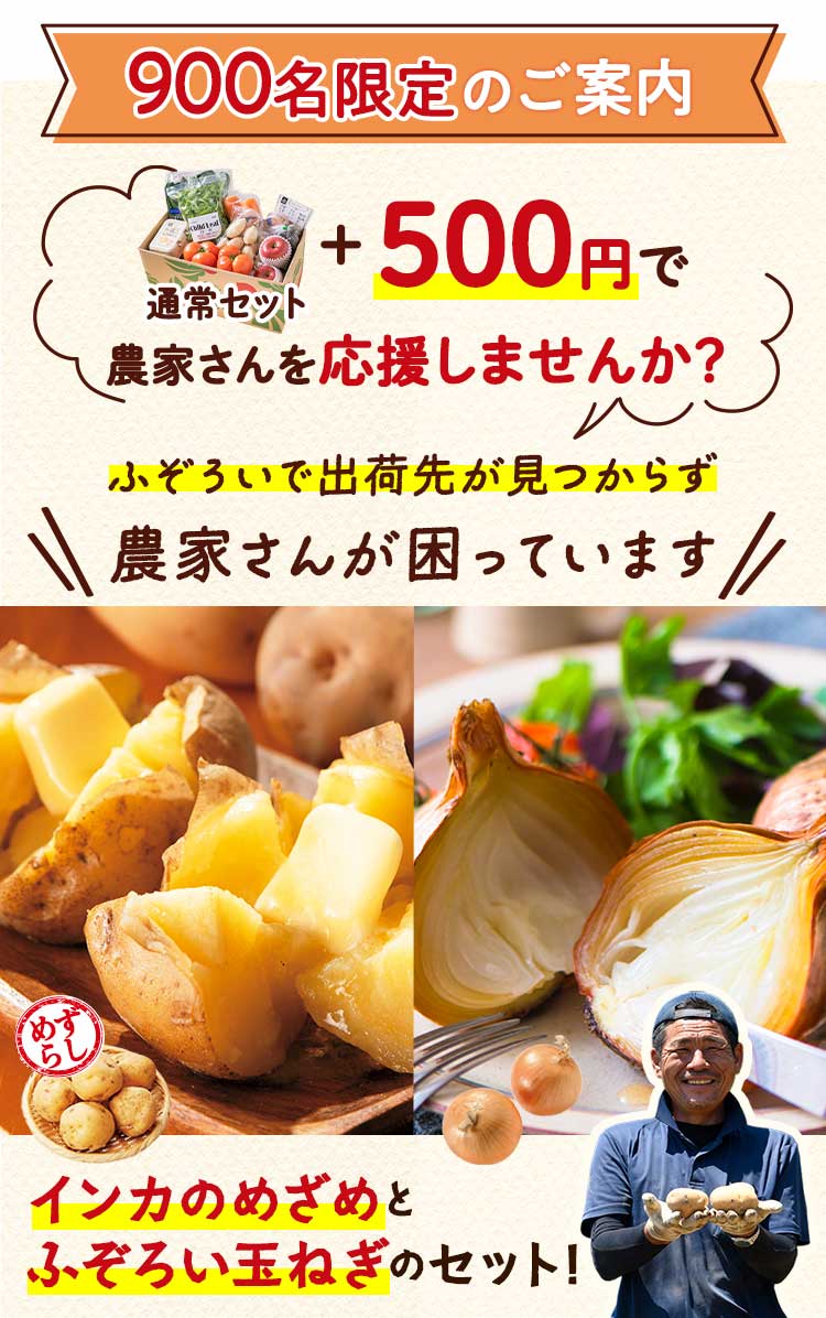 数量限定　特別なご案内　豊作じゃがいもとふぞろい玉ねぎ 通常セット＋500円で応援する