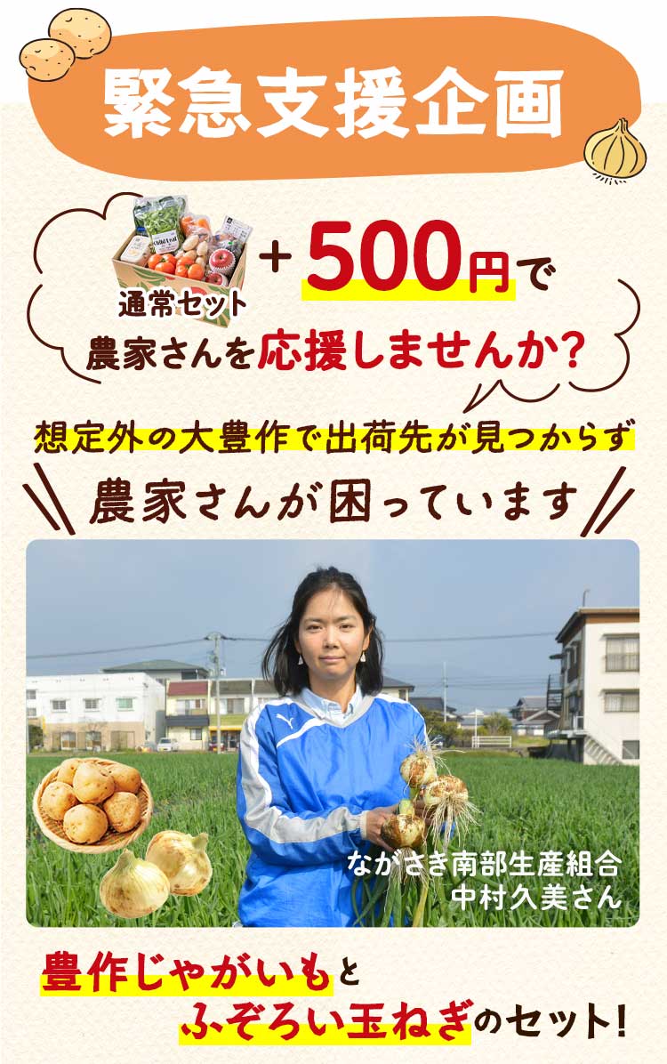 数量限定　特別なご案内　豊作じゃがいもとふぞろい玉ねぎ 通常セット＋500円で応援する