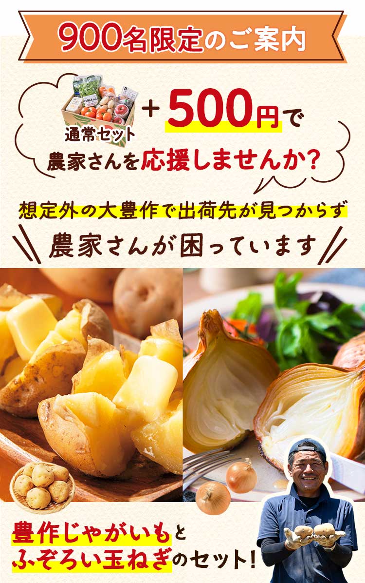 数量限定　特別なご案内　豊作じゃがいもとふぞろい玉ねぎ 通常セット＋500円で応援する