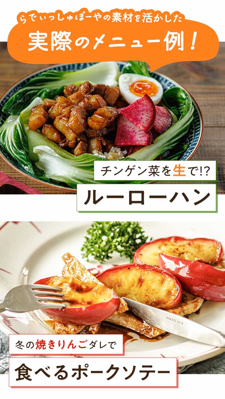 実際のメニュー例 ルーローハン、焼きリンゴだれで食べるポークソテー